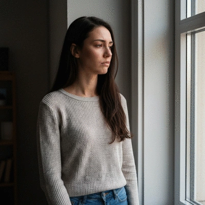 Person looking out a window with a melancholic expression, symbolizing depression and loneliness, no text, no words, no typography, no labels, clean image