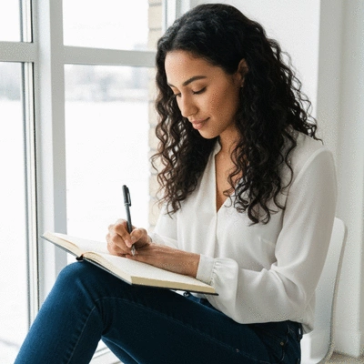 Woman writing in a journal, reflecting on her thoughts and progress, symbolizing self-reflection and personal growth, no text, no words, no typography, clean image