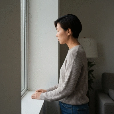 Person thoughtfully looking out a window, representing reflection and processing emotions