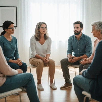 Support group session with diverse people talking, no text, no words, no typography, clean image