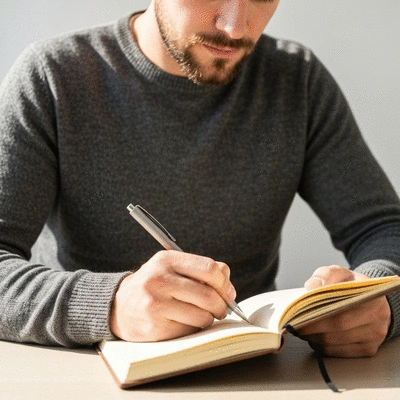 Person thoughtfully writing in a journal, representing thought registration and cognitive behavioral therapy concepts