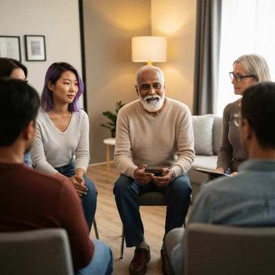Diverse group of people in a support group meeting, talking and listening empathetically, no text, no words, no typography, no labels, clean image