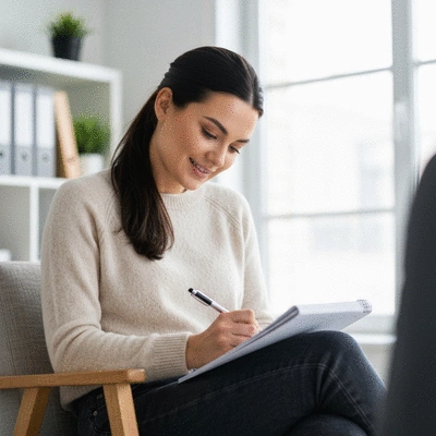 Woman writing notes during a therapy session, focusing on personal growth