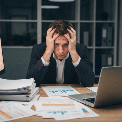 Person looking stressed at a desk with many documents and a laptop, symbolizing time pressure and high expectations