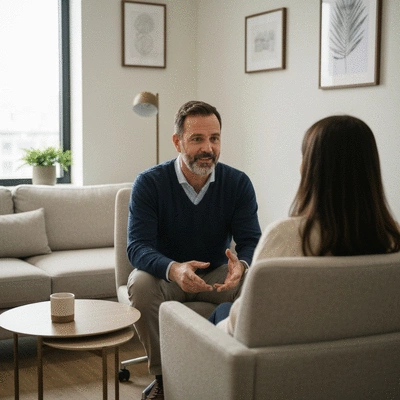 Psychotherapist actively listening to a patient in a calm, modern office setting, with a focus on empathy and trust, no text, no words, no typography, 8K, natural lighting