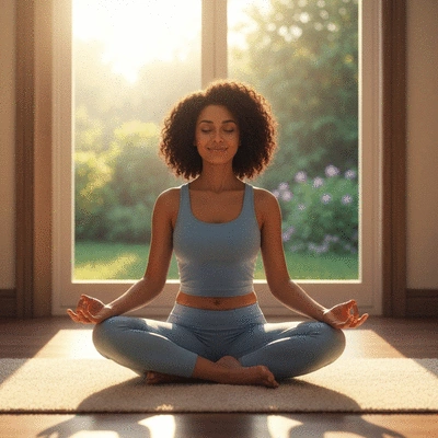 Woman meditating calmly in a peaceful setting, representing mental well-being and stress reduction