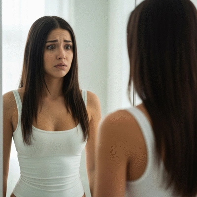 Person looking at their reflection in a distorted way, symbolizing body image issues, no text, no words, no typography, clean image