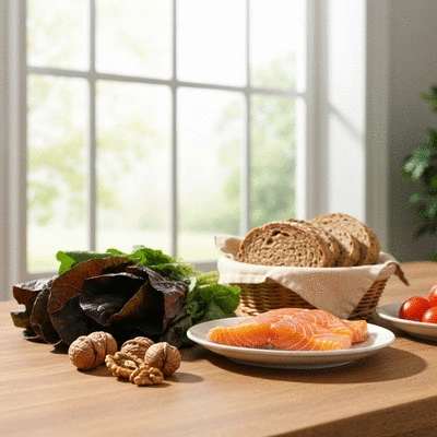 Healthy food items like fish, nuts, whole grains, and leafy vegetables arranged on a wooden table