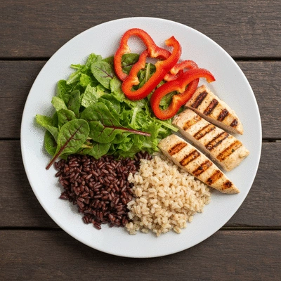 Healthy plate of food with various nutrients, symbolizing balanced diet and healthy eating habits, no text, no words, no typography, clean image
