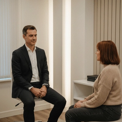 Psychotherapist and client in a therapy session, clean, modern office