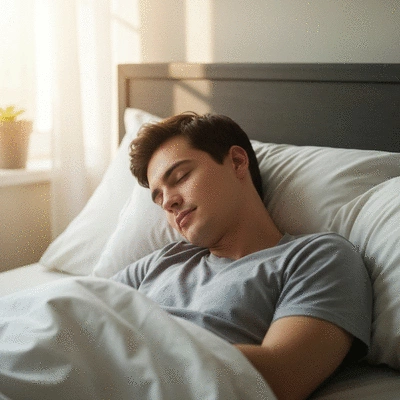Person peacefully sleeping in a comfortable bed, calm and relaxed expression, soft lighting