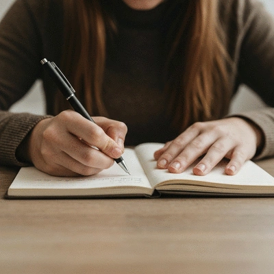 Person writing in a journal or notebook, focusing on personal achievements, clean image, no text, no words, no typography