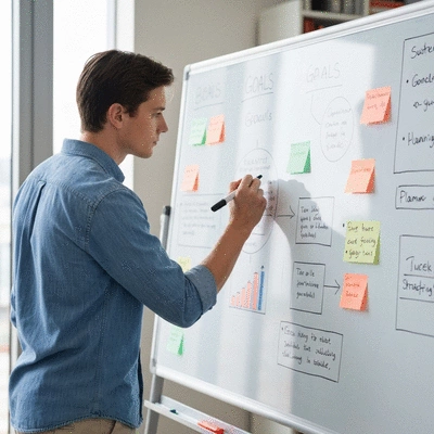 Person thoughtfully planning goals on a whiteboard