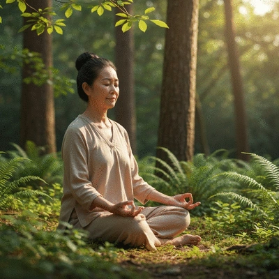 Person meditating peacefully, representing mental well-being