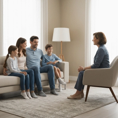 Family sitting together on a comfortable sofa in a modern therapy room, discussing their feelings with a therapist, no text, no words, no typography, clean image