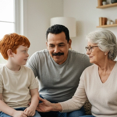 Diverse family members, including children and adults, engaged in a group activity that promotes communication and empathy, in a warm and inviting setting.