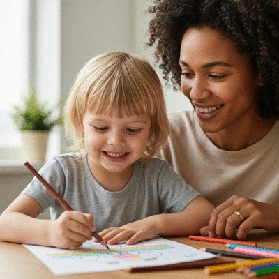 Child drawing a picture of their worries with a parent comforting them, soft lighting, no text, no words, no typography, clean image