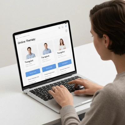 A person browsing therapist profiles on a laptop, with a focus on online therapy selection, no text, no words, no typography, 8K