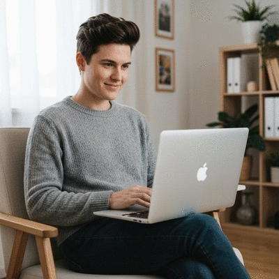 Person participating in an online therapy session on a laptop, showing comfort and privacy in a home setting, no text, no words, no typography, 8K, natural lighting