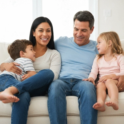 Family sitting together, talking and listening to each other, representing improved communication