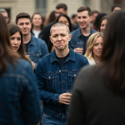 Person looking anxious in a crowded social setting, no text, no words, no typography, clean image