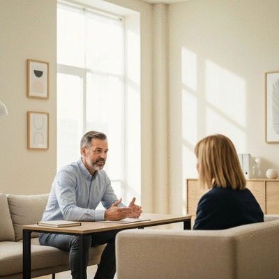 Psychotherapist conducting a session with a client in a modern, calm office setting, no text, no words, no typography, clean image