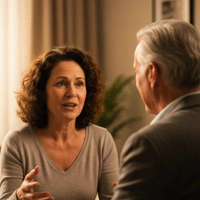 Person speaking openly to a therapist, creating a safe and empathetic space, no text, no words, no typography, clean image