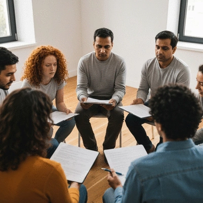 People sitting in a circle, engaged in a support group meeting, conveying empathy and shared experience