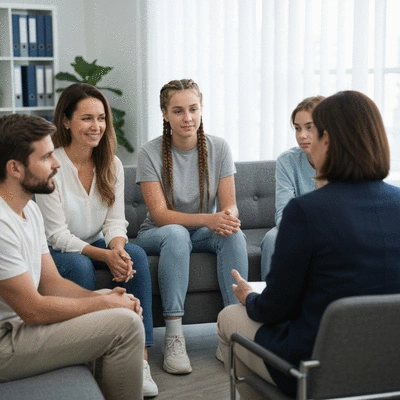 Therapist and a family having a constructive conversation in a modern office, no text, no words, no typography, 8K, natural lighting
