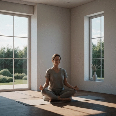 Person meditating in a calm, modern setting, illustrating self-help and relaxation techniques