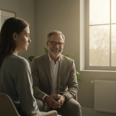Therapist and patient in a calm, professional setting during a therapy session