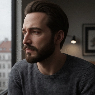 Person looking out a window with a melancholic expression, suggesting deep thought or internal struggle, soft, dim lighting, no text, no words, no typography, no labels, clean image