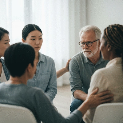Support group session with people sitting in a circle, offering comfort to each other.
