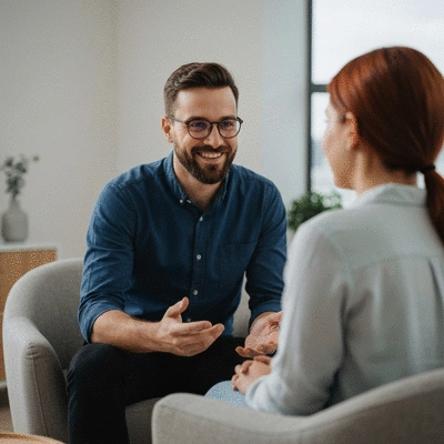 Psychodynamic therapy session with a therapist listening to a client