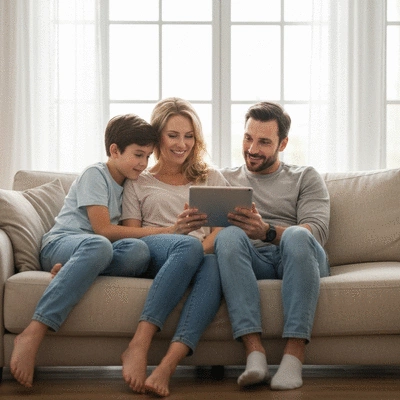 Family discussing therapy options on a tablet at home