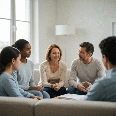 Therapist engaging with a family in a safe and supportive environment, promoting open communication and trust, no text, no words, no typography, clean image