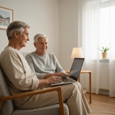 Person using a laptop for an online therapy session in a cozy home environment, no text, no words, no typography, clean image