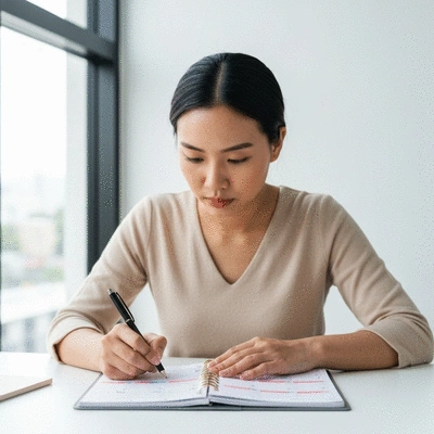 Person organizing tasks on a digital planner or tablet with a focused expression