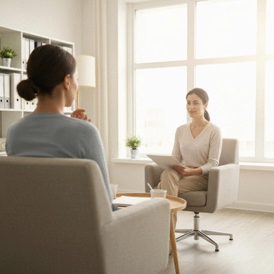 Person receiving therapy in a modern, calm office setting, no text, no words, no typography, no labels, clean image