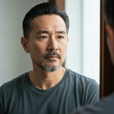 Person looking thoughtfully at a reflection in a mirror, symbolizing self-understanding and emotional awareness, no text, no words, no typography