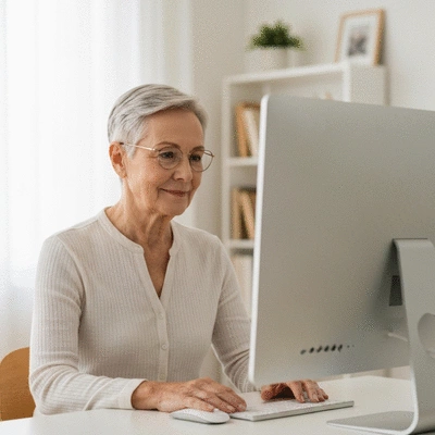 Person looking thoughtfully at a computer screen during an online therapy session, no text, no words, no typography, no labels, clean image