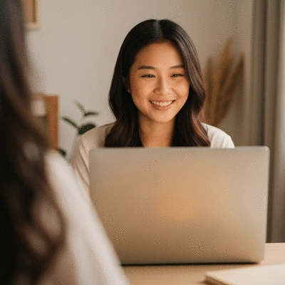A woman having an online psychotherapy session on a laptop, with a warm and supportive atmosphere, no text, no words, no typography, 8K