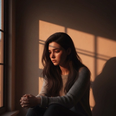 Person experiencing sadness and hopelessness, sitting alone in a dimly lit room, natural lighting, no text, no words, no typography, no labels, clean image