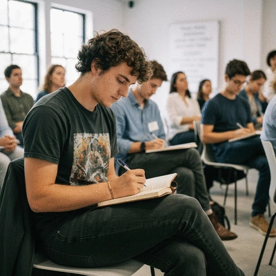 Person taking notes in a notebook during a personal development workshop, no text, no words, no typography, clean image