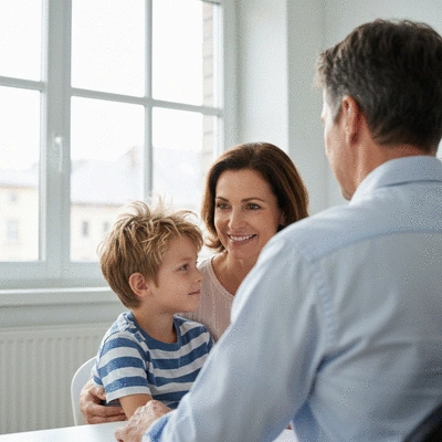 Parent and child engaged in a therapy session with a psychologist, warm and supportive atmosphere, no text, no words, no typography, clean image