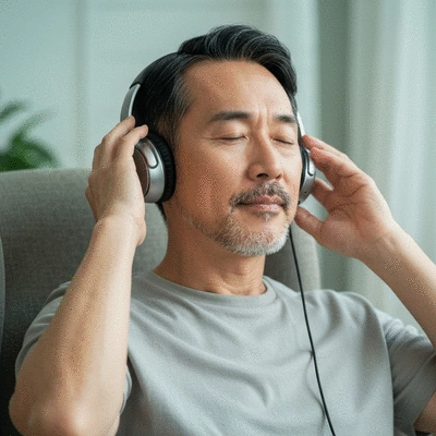 Person listening to calming music with headphones, surrounded by soft light
