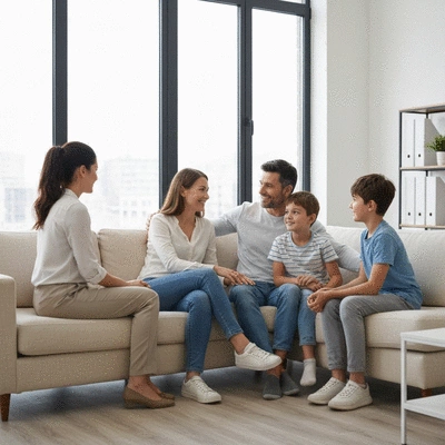 Family sitting together on a sofa, looking engaged and communicating positively with a therapist present, in a modern, bright office setting.