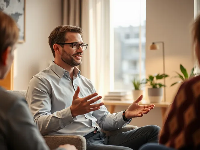 Psycholog Marek Kowalski w gabinecie podczas sesji terapeutycznej